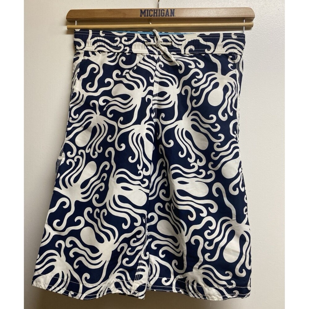 Lands' End Boy's Blue Octopus Mesh Lined  Swim Trunks M 10-12 Slim